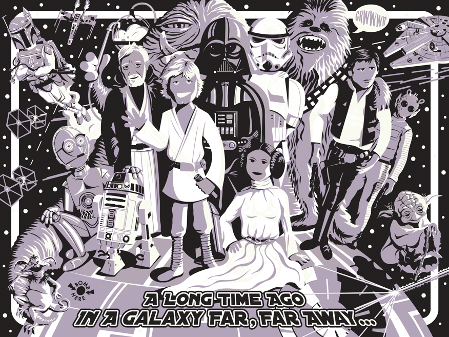 Ridge presents a vintage-style screen print of Star Wars characters in robes, armor, and furry costumes. This limited edition features glow-in-the-dark ink with stars and spaceships, alongside the famous text: A long time ago in a galaxy far, far away...