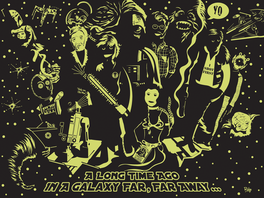 Ridge presents a limited edition screen print featuring stylized characters and elements from a sci-fi series, including spaceships, a lightsaber, and masked characters with blasters. Glow-in-the-dark ink enhances the design, and A long time ago in a galaxy far, far away... is boldly displayed.
