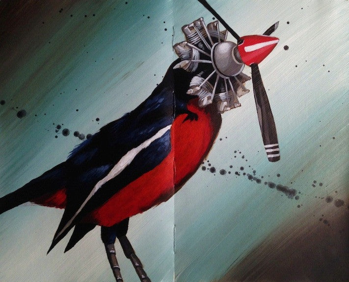A bird resembling a Crimson Shrike merges into a propeller engine on a gradient background, creating a surreal scene with black specks. It appears as an acrylic on paper masterpiece, showcasing Robert Bowens imaginative style.