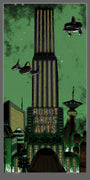 In a futuristic cityscape, a tall cylindrical skyscraper labeled Robot Arms Apts. stands amid structures with antennas and domes, evoking a retro-futuristic vibe. Flying cars circle the building against the glowing night sky. Art by Tim Doyle.