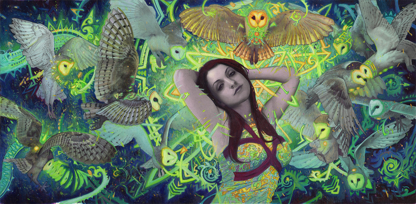 A woman with long hair poses, arms behind her head, among vibrant owls in flight. The backgrounds abstract green and blue patterns evoke a phantasm reminiscent of Rod Luffs captivating artwork, crafting a mystical scene.