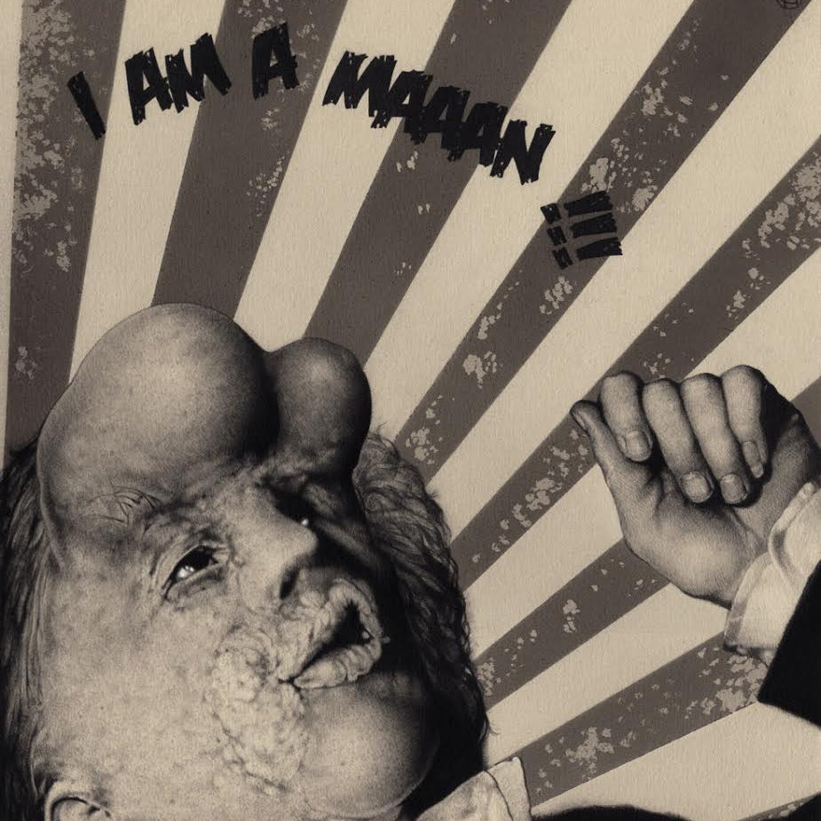 A surreal illustration by Rodrigo Cifuentes depicts a man in a suit with a distorted face, gesturing and surrounded by radiating stripes. The text I AM A MAAN floats above in liquid graphite, crafted in a monochromatic color scheme.