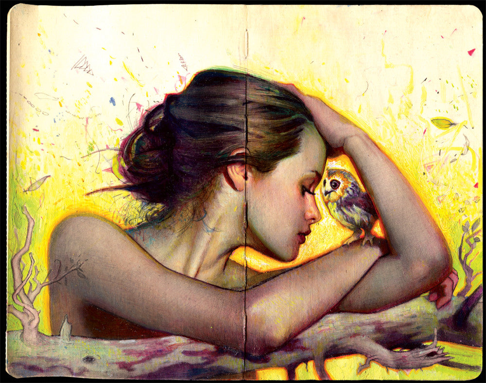 An elegant image in the Rod Luff style shows a woman resting her head on her arm, watching a ghostly bird nearby. The scene is set against a vibrant yellow backdrop with abstract shapes, evoking a dreamy atmosphere similar to Moleskine pages.