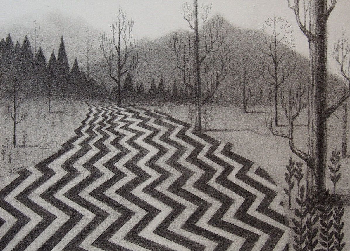Ruel Pascual presents a black and white drawing, reminiscent of Twin Peaks, showing a zigzag path through a forest of bare trees to distant mountains under a cloudy sky; dense needle trees line the left, while sparse branches are on the right.