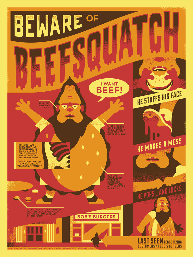 This colorful and humorous comic-style poster by Ryan Brinkerhoff features Beefsquatch from Bobs Burgers, displayed at Gallery1988. It depicts a character in a burger costume with long hair, shouting I want beef! while stuffing his face and making a mess.