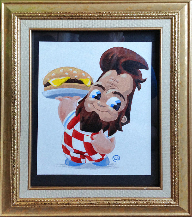 A framed painting by Ryan Hungerford features a playful cartoon character reminiscent of Big Bobs BeefSquatch from Bobs Burgers at Spoke Art NYC, with a beard, styled hair, red and white checkered outfit, holding a cheesy burger and displaying big eyes with an infectious expression.