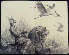 A pencil sketch by Ryan A. Lee showcases a warrior in a horned helmet and armor on his steed. Birds soar above, with swirling foliage creating a dynamic backdrop. The monochrome artwork highlights intricate shading and motion.