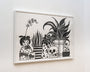 The framed black and white illustration Still-Life 11 by Bagger43 features patterned pots with plants, an abstract skull motif, and ink designs on paper. Part of the Spoke Art Gallery collection, it is elegantly displayed on a white wall.