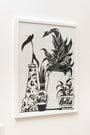 Bagger43s black and white still-life artwork showcases three decorative vases with plants: one vase features a geometric pattern, another reads Oh World, and the last has Holla on it. The minimalist frame against a plain white wall highlights the ink-on-paper elegance.