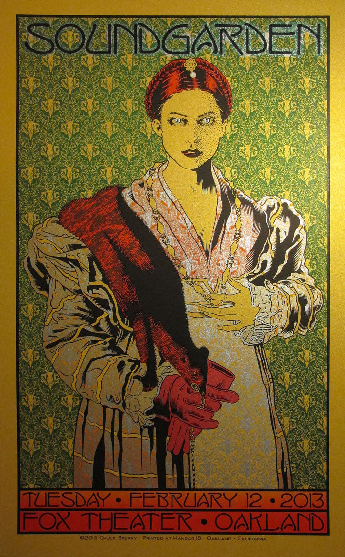 Chuck Sperrys Gold Edition poster for Soundgardens concert at Fox Theater, Oakland, February 12, 2013, features a woman in vintage attire with red gloves against an ornate backdrop.