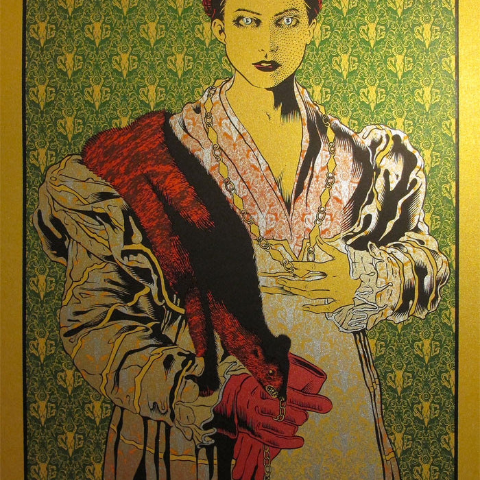 Chuck Sperrys Gold Edition poster for Soundgardens concert at Fox Theater, Oakland, February 12, 2013, features a woman in vintage attire with red gloves against an ornate backdrop.