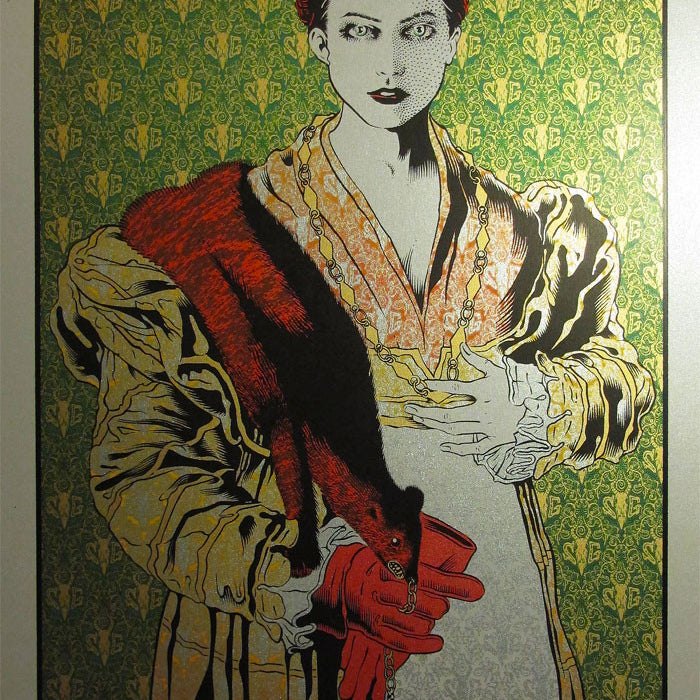 Soundgarden concert poster from February 12, 2013, at Fox Theater, Oakland. Designed by Chuck Sperrys brand, it showcases an art nouveau-style woman in vintage attire with a red fan against a detailed backdrop.