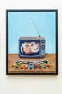 Allan Innmans oil on canvas portrays a retro TV displaying a surprised mans face. The TV, complete with an antenna, sits on wood and is surrounded by colorful toy cars meticulously arranged in three rows.