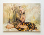 This oil on canvas by Soey Milk depicts a cross-legged woman in a headscarf holding an antler, surrounded by autumnal tones and bare trees, with yellow floral patterns on her clothing. This unique artwork is available for purchase.