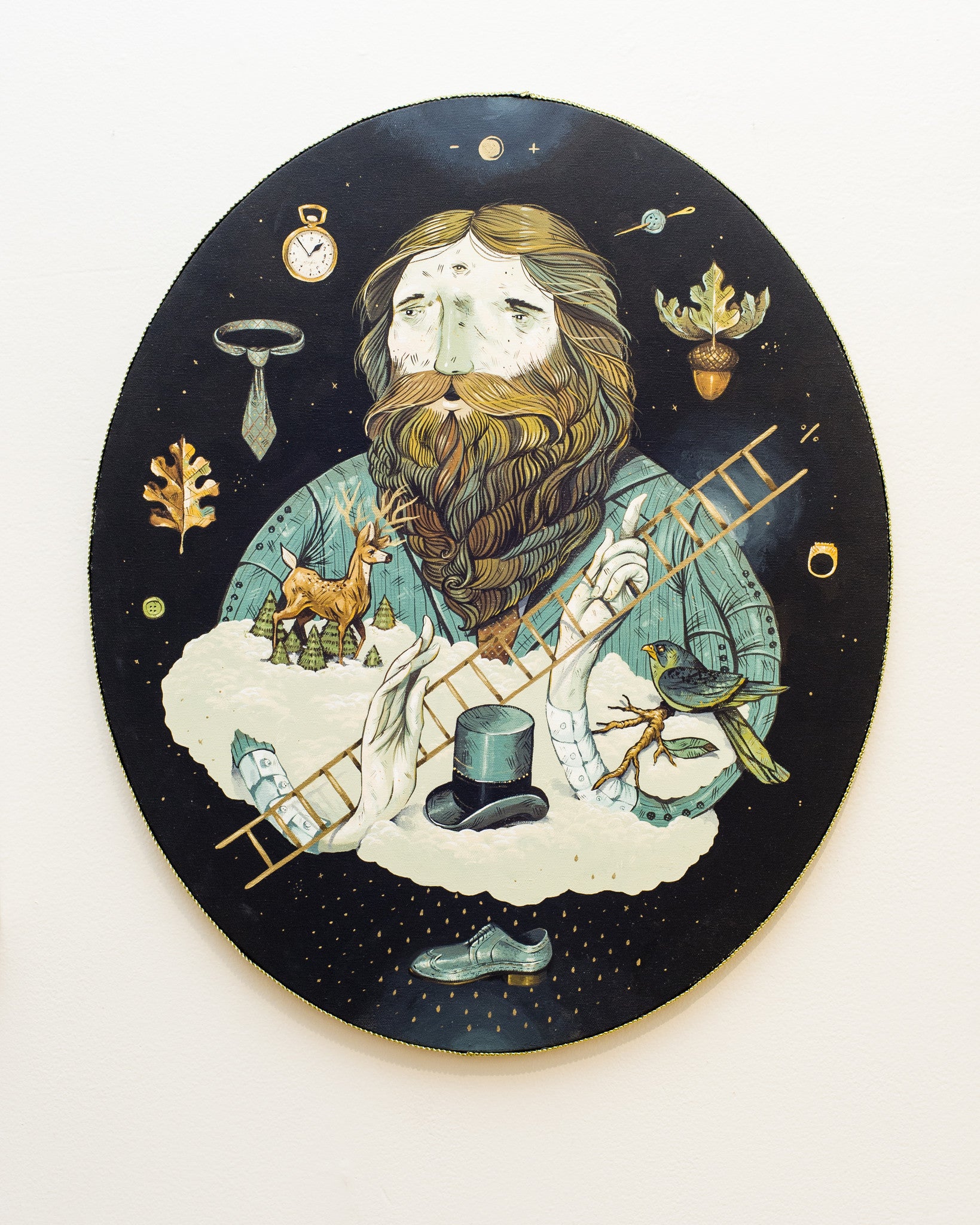 Dan Christofferson presents an oval acrylic on canvas painting of a bearded gentleman with crossed arms, surrounded by symbols such as a ladder, deer, bird, shoe, top hat, leaves, and pocket watch against a dark background.
