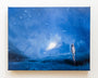 An oil on canvas painting by Seamus Conley, available at the Andrea Schwartz Gallery, shows a surreal scene of a girl on a wavy blue surface under starry skies, gazing at a distant bright misty light. This dreamlike and serene piece perfectly captures Conleys signature style.