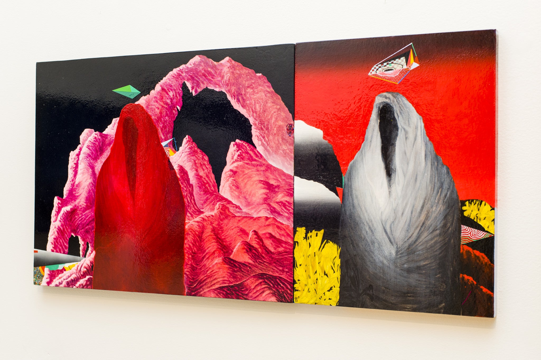 A vibrant diptych by Cam Floyd showcases abstract mountain forms in vivid red and gray set against red and black backgrounds, accented with floating kites and diamonds. Yellow elements highlight the bottom and side edges.