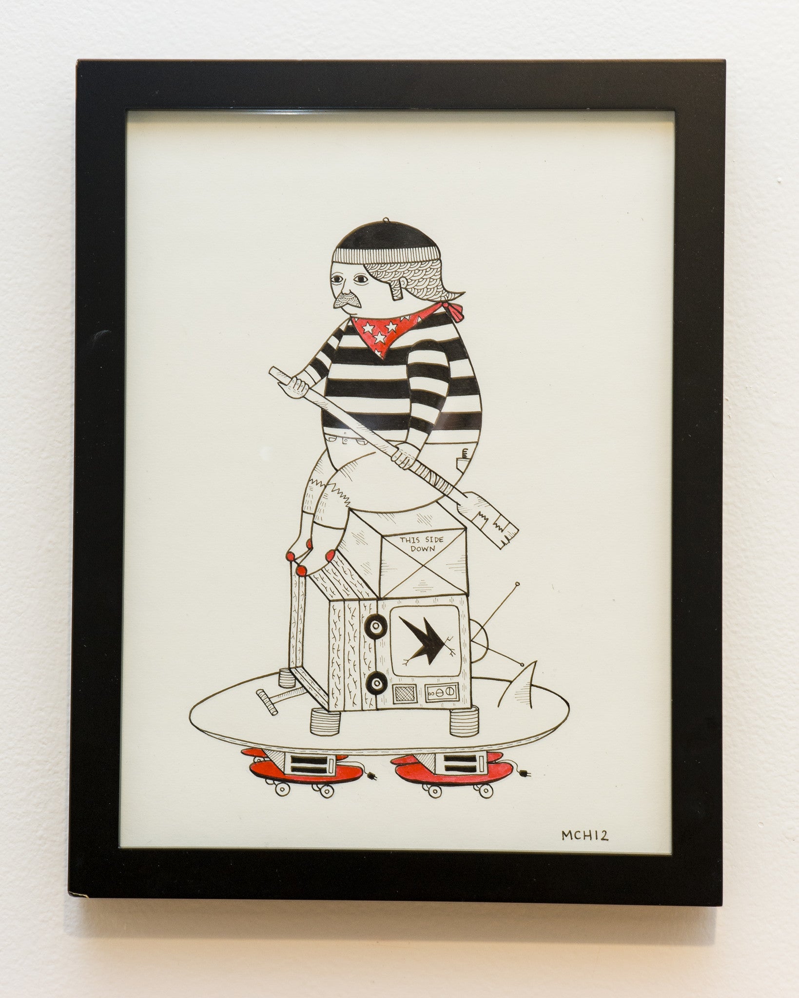 Illustration by Michael C. Hsiung: a figure in a striped shirt and beanie balances on stacked TVs atop a skateboard, with their face covered by a bandana while holding a stick. This detailed pen-on-paper artwork is finished with an elegant thin black border.