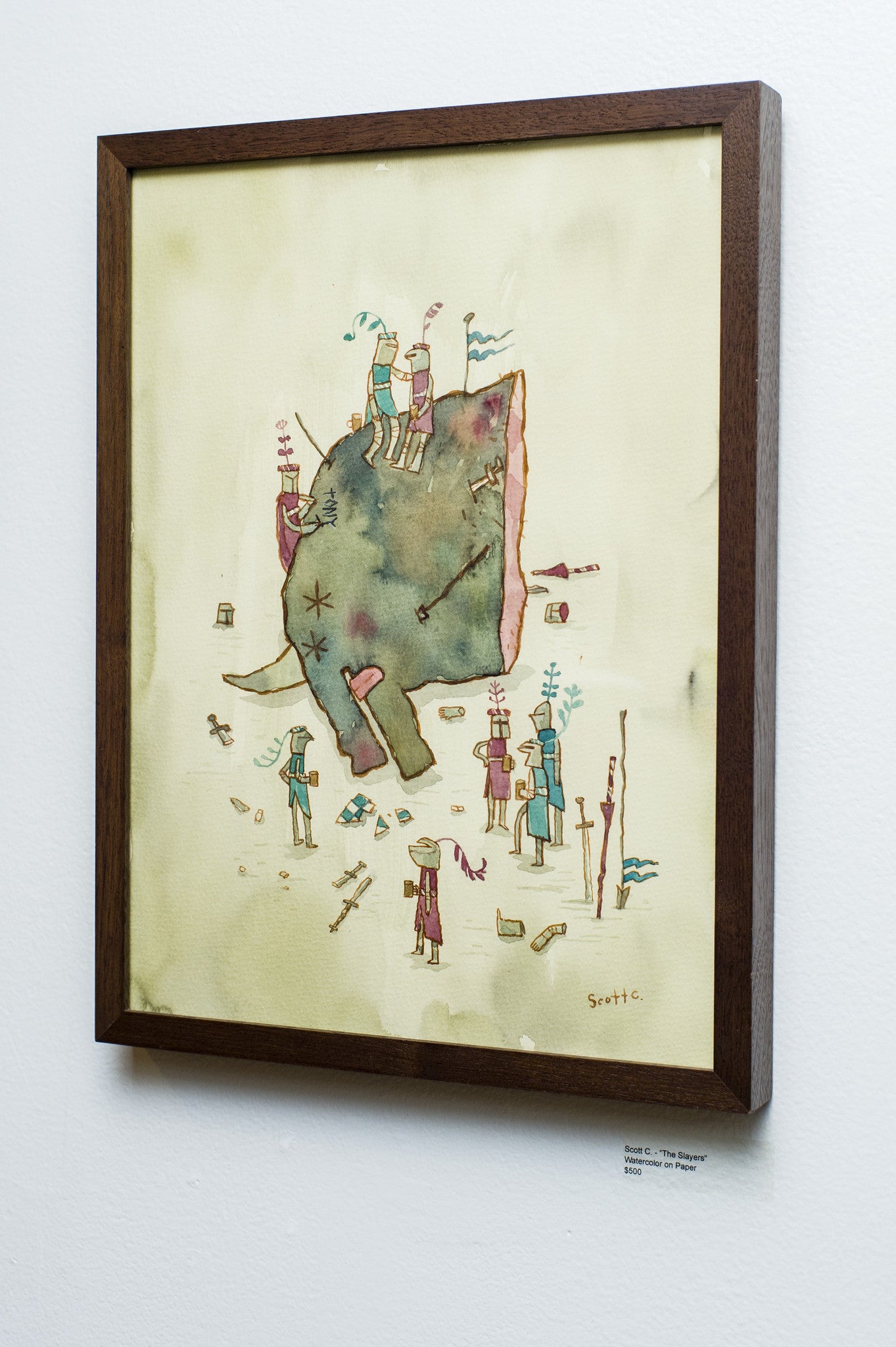 Framed artwork titled The Repair by Scott Campbell features a whimsical abstract scene reminiscent of The Slayers, with figures climbing and working on a rock-like structure adorned with flags and tools. The style is loose and colorful, resembling watercolor on paper.