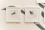 Megan Wolfes Glimmer #6 features two abstract black and white pencil drawings with smooth, sweeping lines and feather-like shapes. They are displayed in square white frames with labels beneath each on the wall.