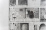 A graphite on paper sketch by Jonas Lofgren shows an abandoned building interior with multiple rooms. A wooden chair is near a staircase on the left, and a dark hallway entrance with brick and wooden textures is on the right, evoking ghostly mysteries.