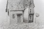 Black and white sketch by Jonas Lofgren of a quaint house with textured roofing and detailed wooden siding, featuring several shuttered windows, a rustic door, and a nearby round-topped tree on subtly textured ground. Captured elegantly with graphite on paper.