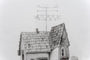 A detailed graphite drawing by Jonas Lofgren shows a small, old-fashioned house with an uneven roof. It features ornate shingles, a tall narrow window, and an abstract geometric antenna on a wire against a plain background.