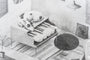 A Jonas Lofgren graphite illustration depicts a dog sleeping on a vintage grand piano in a cozy room, reminiscent of The Attic, with features like a circular rug, hanging lamp, framed art against the wall, a window, and a potted plant.