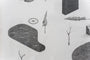 Jonas Lofgren offers a minimalistic black and white graphite on paper drawing depicting abstract shapes, a monolith, pond waves, wheel, trees, and angular structures on a white background. Ideal for admirers of serene elegance in framed art.