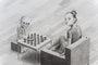 This graphite pencil drawing by Jonas Lofgren captures a scene reminiscent of The Seventh Seal, where a person plays chess against a skeleton on a couch. The rooms textured floor contrasts sharply with the small table hosting their intense game.