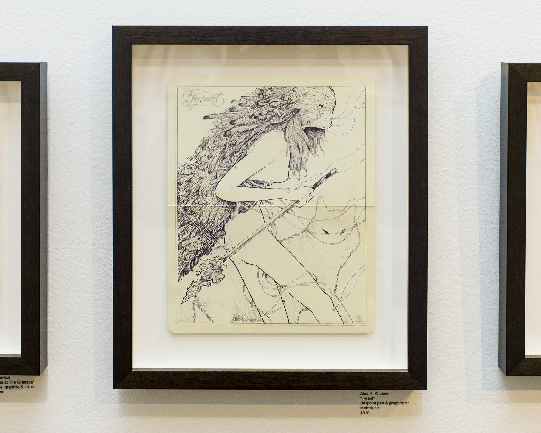The artwork Lupus by Alex R. Kirzhner features a stylized woman with long hair and a feathered headdress, holding a spear alongside an outlined animal. Its priced at $10.