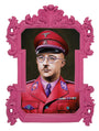 Scott Scheidlys acrylic painting, displayed at Spoke Art Gallery, presents a man in a vibrant pink military uniform adorned with insignia and glasses. Set in a bright pink frame, the intricate detailing contrasts strikingly with the dark background, emphasizing his colorful attire.