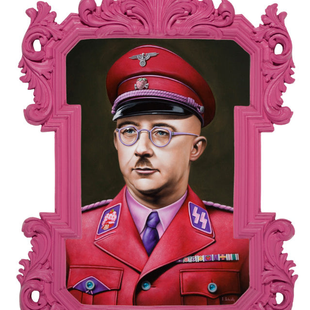 Scott Scheidlys acrylic painting, displayed at Spoke Art Gallery, presents a man in a vibrant pink military uniform adorned with insignia and glasses. Set in a bright pink frame, the intricate detailing contrasts strikingly with the dark background, emphasizing his colorful attire.