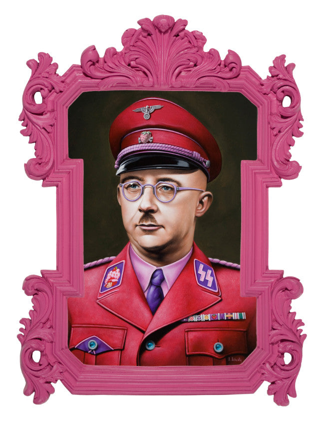 Scott Scheidlys acrylic painting, displayed at Spoke Art Gallery, presents a man in a vibrant pink military uniform adorned with insignia and glasses. Set in a bright pink frame, the intricate detailing contrasts strikingly with the dark background, emphasizing his colorful attire.