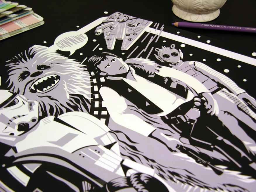 Ridges limited edition screen print portrays stylized black-and-white characters in a cosmic-themed setting with futuristic soldiers, an alien, and a hairy creature by a spaceship. The starry backdrop features glow-in-the-dark ink to accentuate a purple pencil and owl-shaped object.