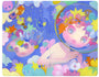 So Youn Lees whimsical, colorful illustration showcases two figures with round heads and starry eyes; one figure sports a flower-adorned transparent helmet, while the other is surrounded by planets and clouds. Stars and fluffy shapes fill the vibrant, custom-framed background like an oil on Moleskine masterpiece.