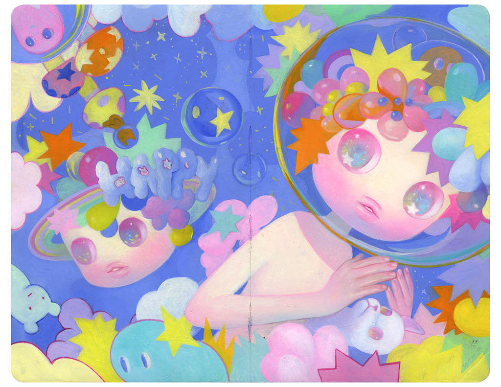 So Youn Lees whimsical, colorful illustration showcases two figures with round heads and starry eyes; one figure sports a flower-adorned transparent helmet, while the other is surrounded by planets and clouds. Stars and fluffy shapes fill the vibrant, custom-framed background like an oil on Moleskine masterpiece.