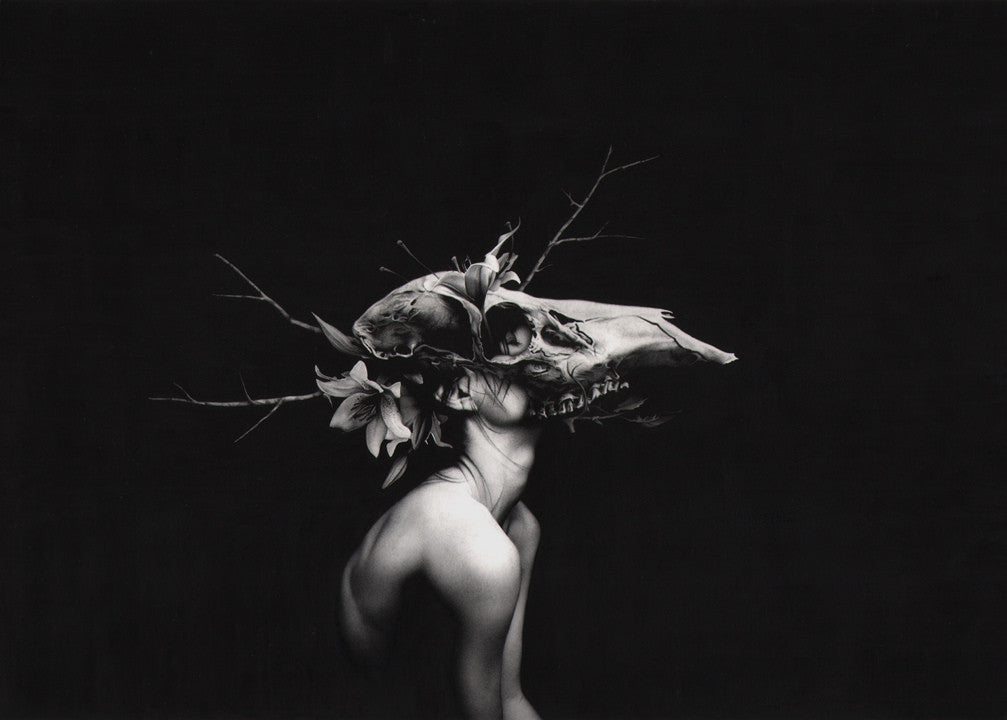 A person with a bare back wears a large animal skull, flowers, and branches on their head, creating a scene reminiscent of Sagari art. Set against a dark backdrop, it evokes the surreal and mysterious atmosphere of an evocative ink watercolor painting by Sail.