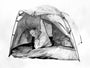 A man rests inside a worn tent, head in hands, gazing out. The scene, echoing Joel Phillips style, appears to float against a plain background, capturing a contemplative moment.