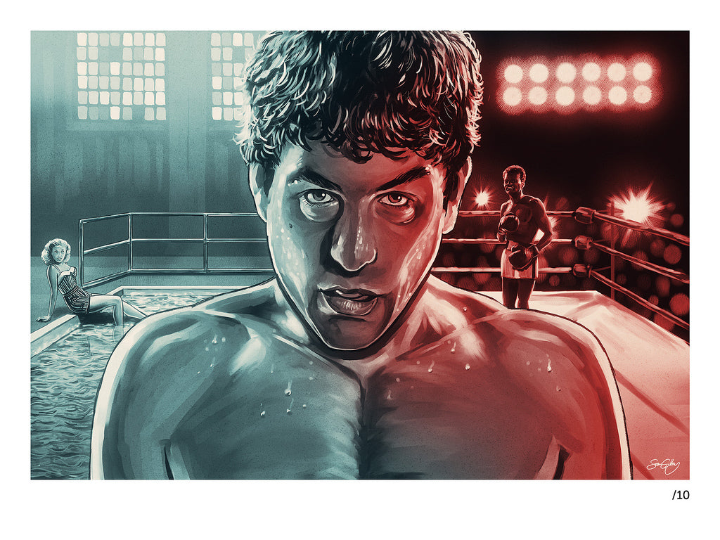 This limited edition giclee print by Sam Gilbey captures a sweaty boxer with a focused expression in a dimly lit arena. Enhanced by a woman by the pool, another boxer, and bright lights, it evokes the cinematic intensity reminiscent of Martin Scorsese art.