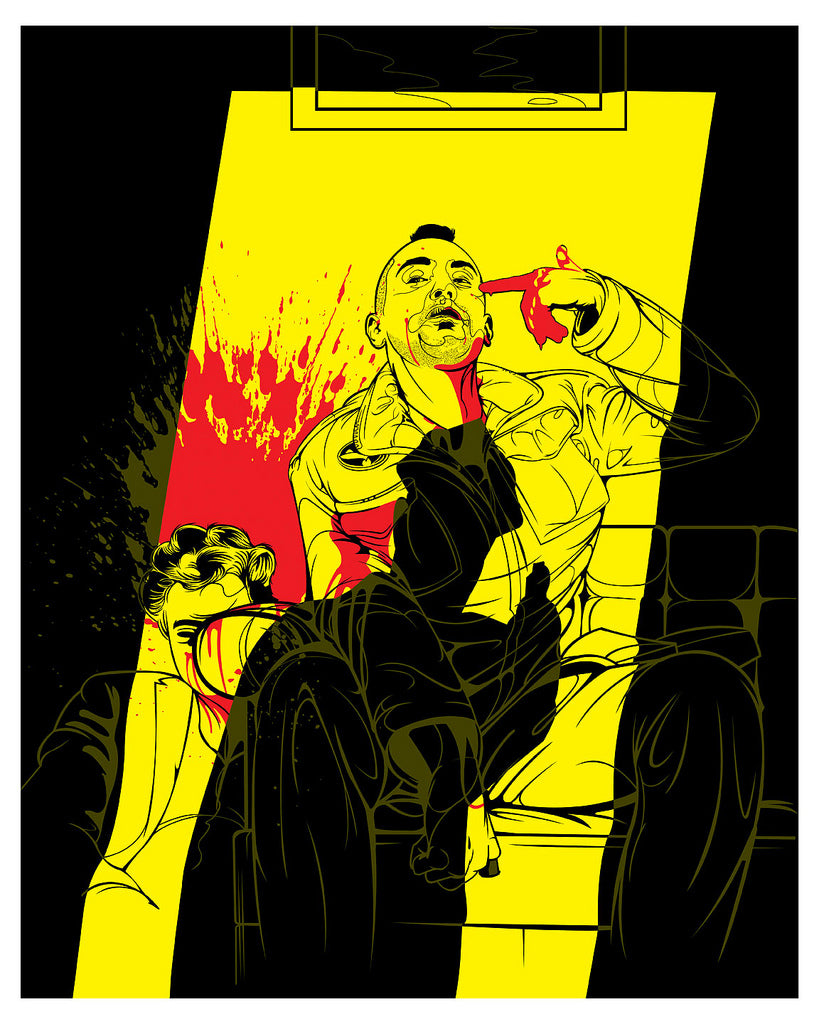 A Sam Ho giclee print shows two men on a couch in dramatic poses—one points a finger like a gun to his head, the other slumps over. With bold yellow and red highlights, its part of the limited edition for the Scorsese art show.