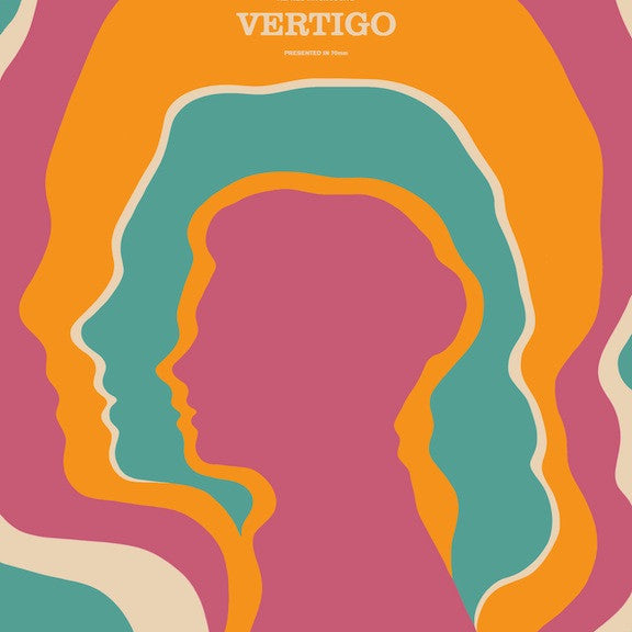 Sam Smiths limited edition retro-style poster for Alfred Hitchcocks Vertigo showcases layered profiles in pink, orange, and teal. Screen print text includes show dates: August 2 - September 2, 2012, at The Castro Theatre, San Francisco.