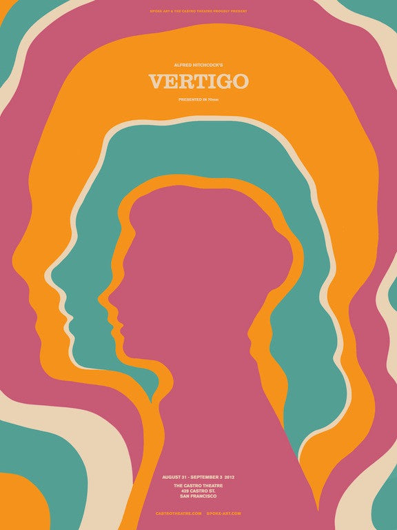 Sam Smiths limited edition retro-style poster for Alfred Hitchcocks Vertigo showcases layered profiles in pink, orange, and teal. Screen print text includes show dates: August 2 - September 2, 2012, at The Castro Theatre, San Francisco.