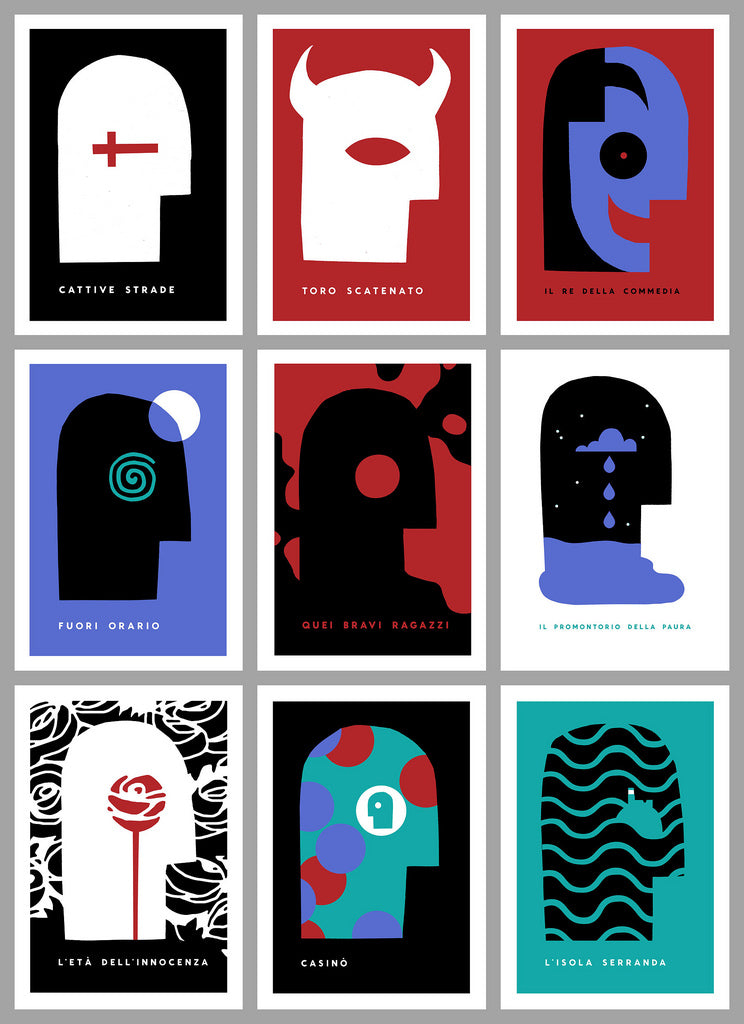 Sam Smiths limited edition screen prints feature nine abstract illustrations of stylized faces with horns and spirals against contrasting backgrounds. Italian text complements their unique thematic essence.