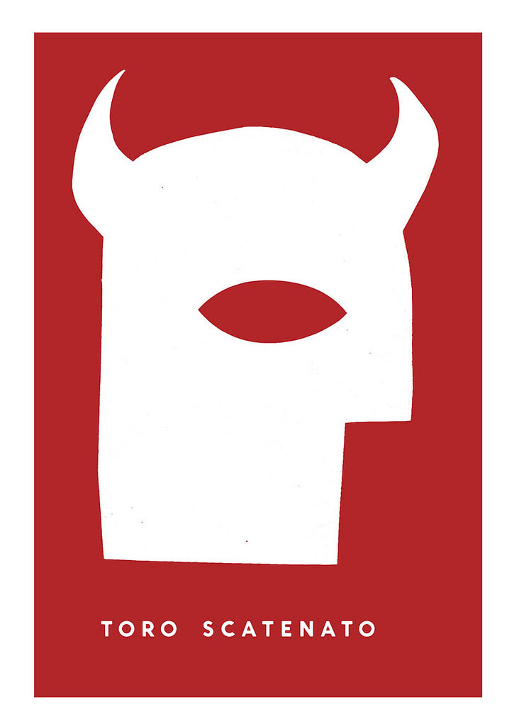 Sam Smiths limited edition screen print features a minimalist design of a white abstract bull head on a red background, complete with horns and a single eye cutout. TORO SCATENATO is displayed below in white text, perfect for Martin Scorsese fan art enthusiasts.