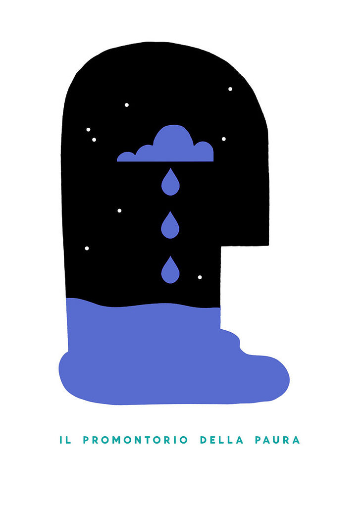 This limited edition Sam Smith screen print showcases a minimalist cloud head with rain against black and blue hues, scattered stars, and green Il Promontorio Della Paura text referencing Scorseses Cape Fear on a pristine white background.