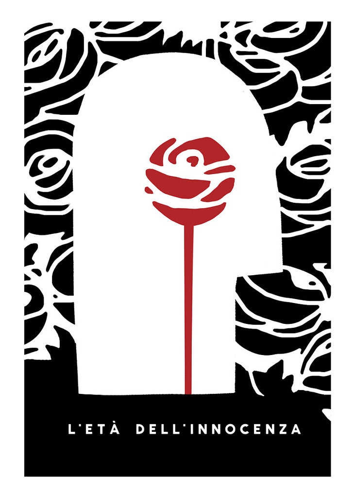 This Sam Smith limited edition screen print is a stylized poster with a white silhouette on a black rose-filled background. A central red rose adorns the silhouette, with LEra dellInnocenza inscribed below, embodying The Film Foundations Martin Scorsese art show essence.