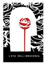 This Sam Smith limited edition screen print is a stylized poster with a white silhouette on a black rose-filled background. A central red rose adorns the silhouette, with LEra dellInnocenza inscribed below, embodying The Film Foundations Martin Scorsese art show essence.