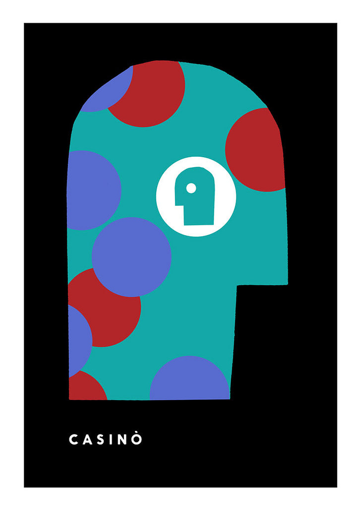 This limited edition abstract poster by Sam Smith is perfect for any Martin Scorsese fan art collection, featuring a turquoise head with bold red and blue polka dots. Within, a white minimalist profile silhouette appears, and CASINÒ is elegantly scripted at the bottom in white.