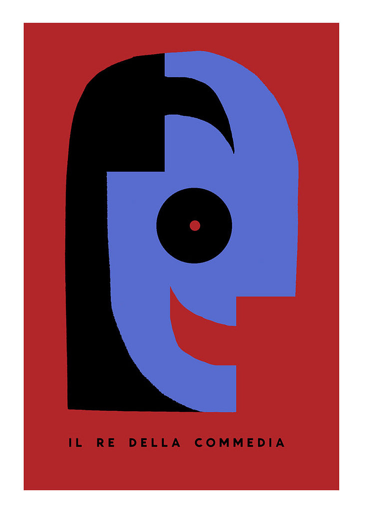 Sam Smiths limited edition screen print features abstract art: a stylized blue face with a semicircular eye and broad smile against a red background, dividing light and dark sections. Created for the Martin Scorsese art show, it reads Il Re Della Commedia below.